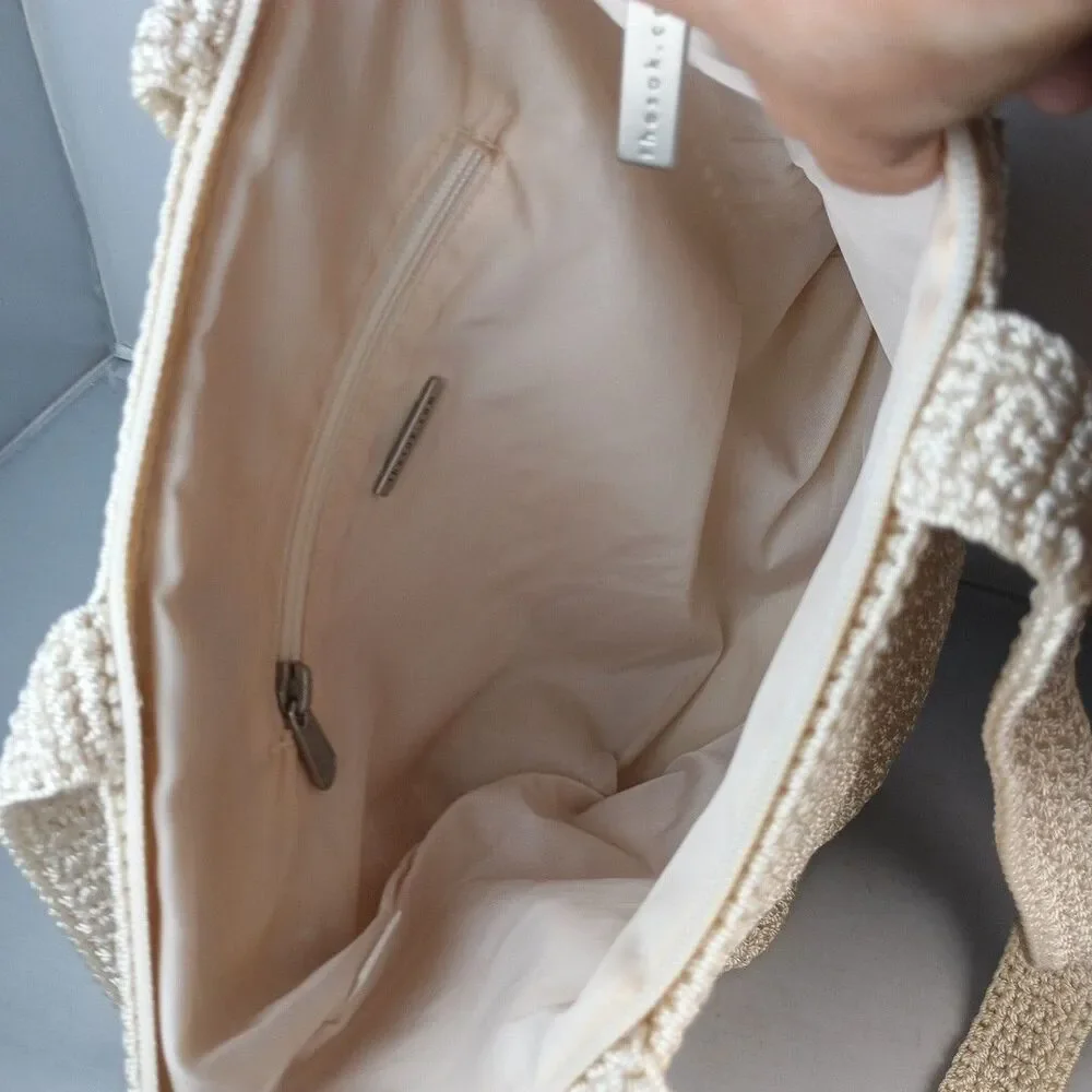 The Sak Crocheted Knit Medium‎ Tote Shoulder Bag Purse Natural Tan Boho 12.5x11
